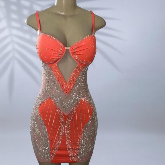 β¨ Orange Rhinestone Mesh Mini Dress - Picture 1 of 5